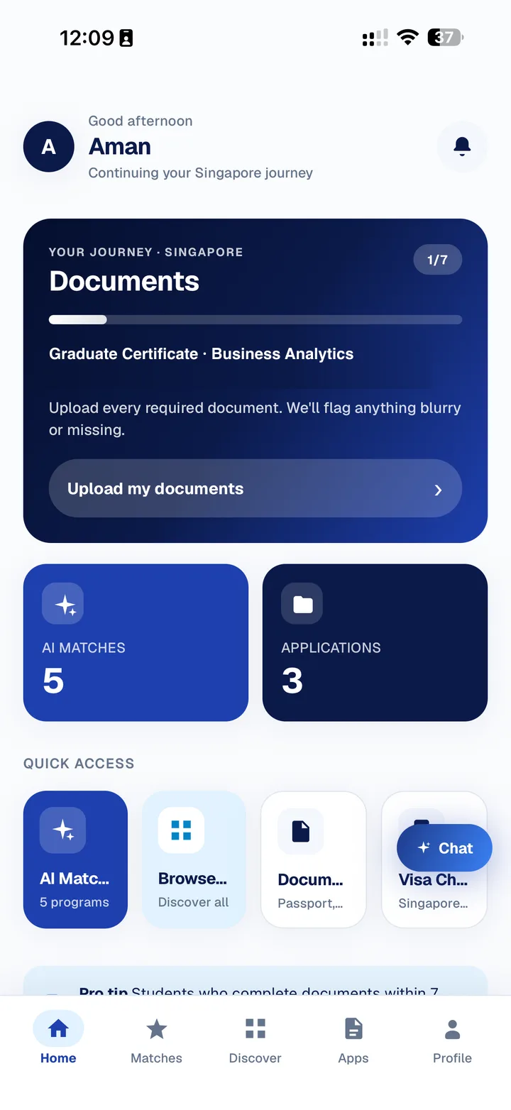 UniStep app home screen — journey progress, AI matches, applications and quick access